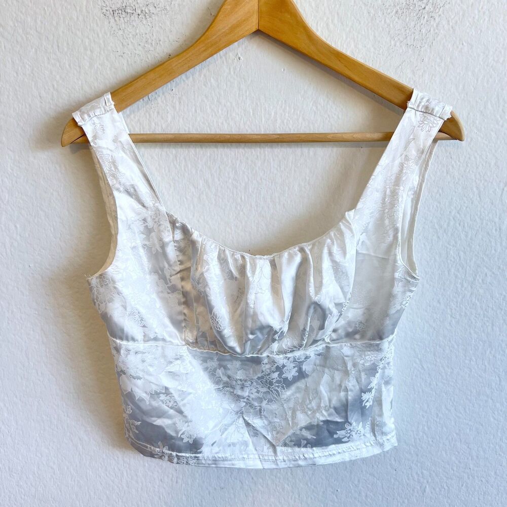 NWOT SHEKOU White Milkmaid Floral Silky Satin Cami Crop Top Womens Medium